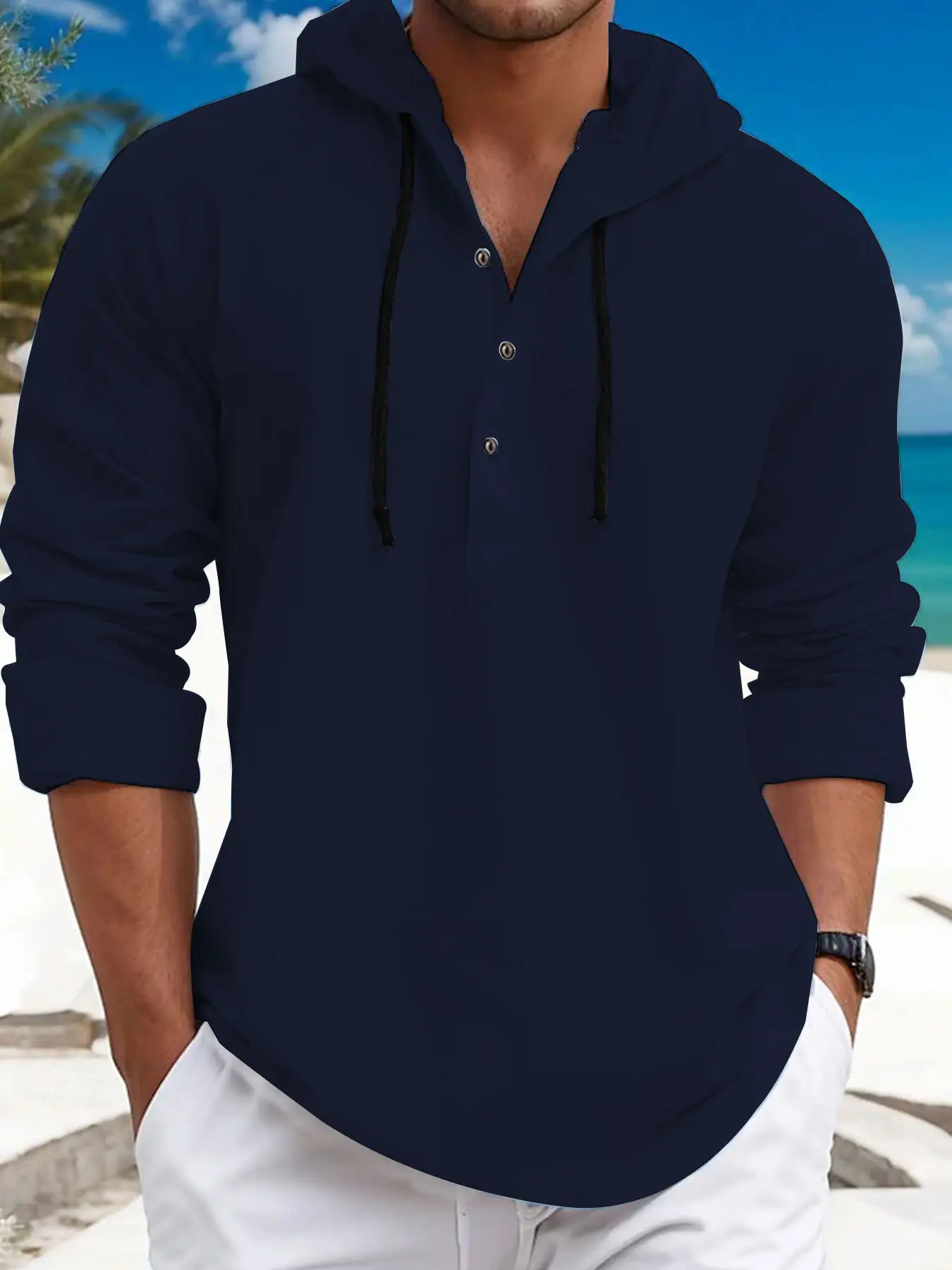 Men's White Hooded Sweatshirt Long Sleeve Cotton