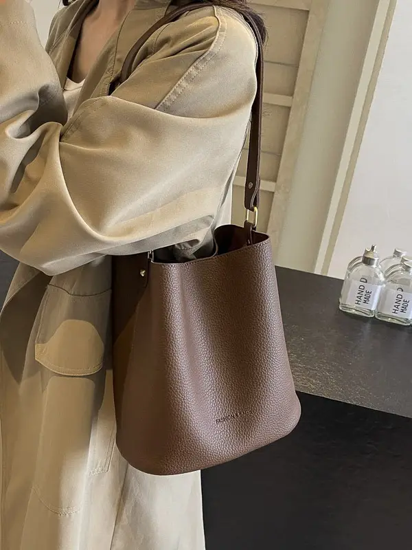 2024 Litchi Pattern Bucket Bag Women Tan - Image 6