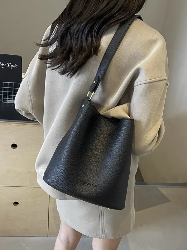 2024 Litchi Pattern Bucket Bag Women Tan - Image 8