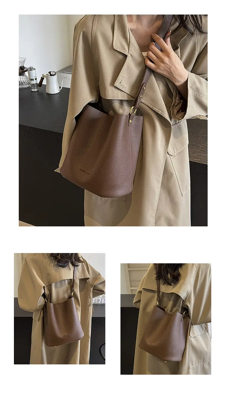 2024 Litchi Pattern Bucket Bag Women Tan — feature 14
