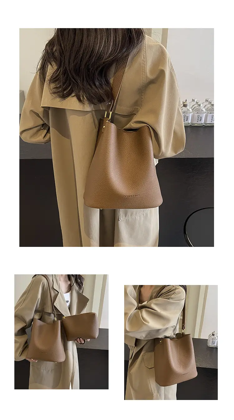 2024 Litchi Pattern Bucket Bag Women Tan — feature 15