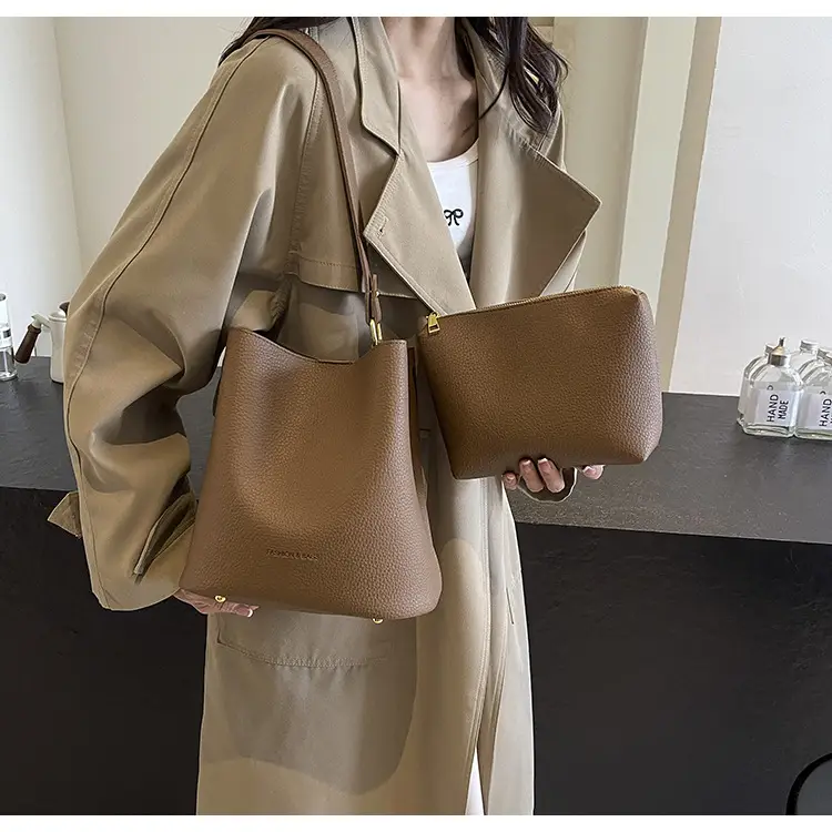 2024 Litchi Pattern Bucket Bag Women Tan — feature 16