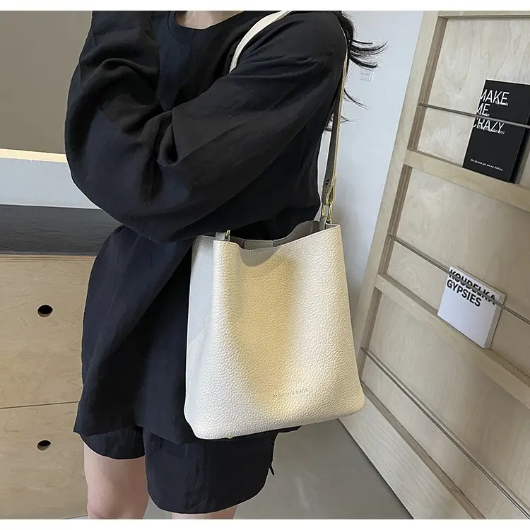 2024 Litchi Pattern Bucket Bag Women Tan — feature 37