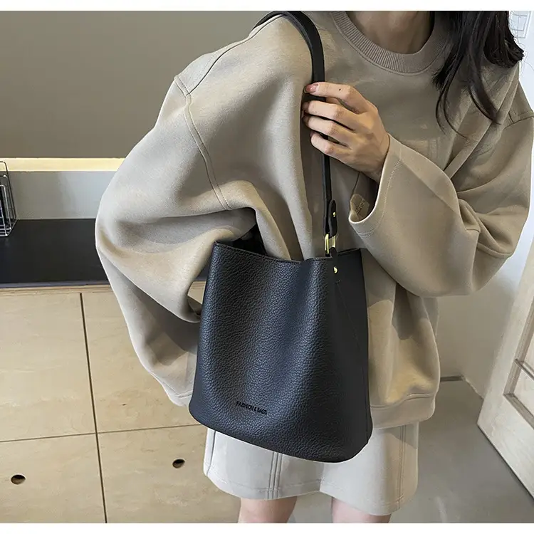 2024 Litchi Pattern Bucket Bag Women Tan — feature 41