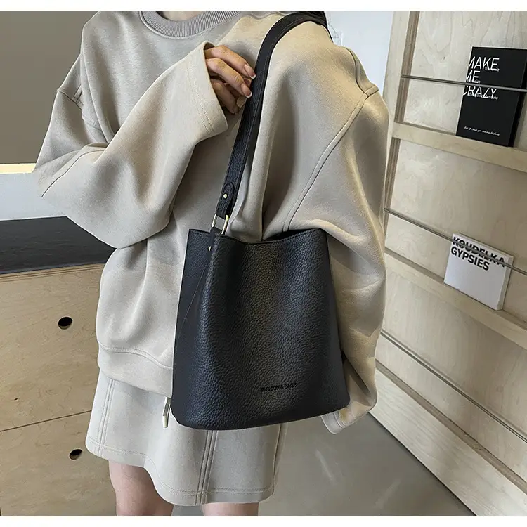 2024 Litchi Pattern Bucket Bag Women Tan — feature 45