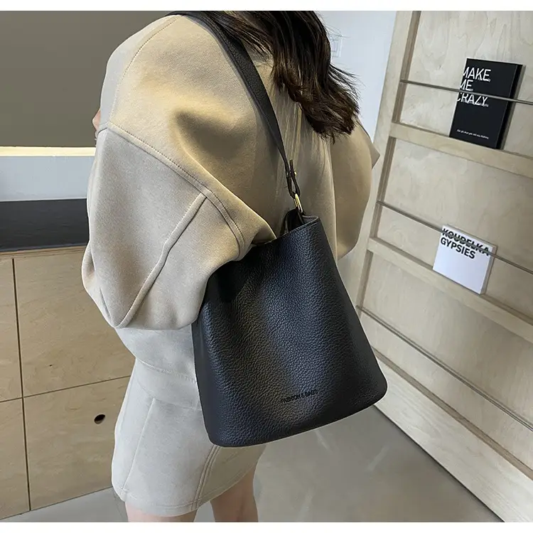 2024 Litchi Pattern Bucket Bag Women Tan — feature 47