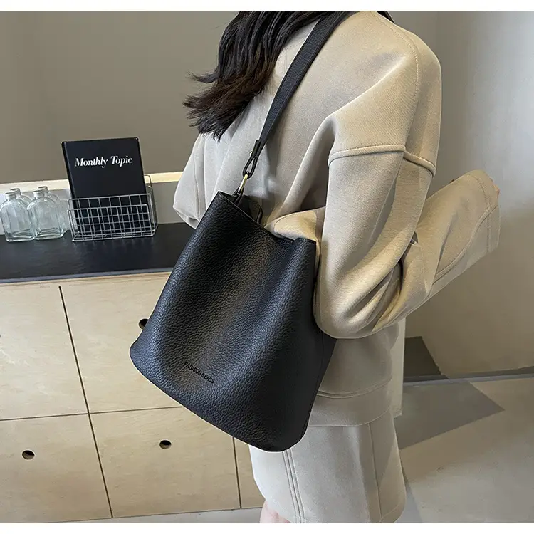 2024 Litchi Pattern Bucket Bag Women Tan — feature 48