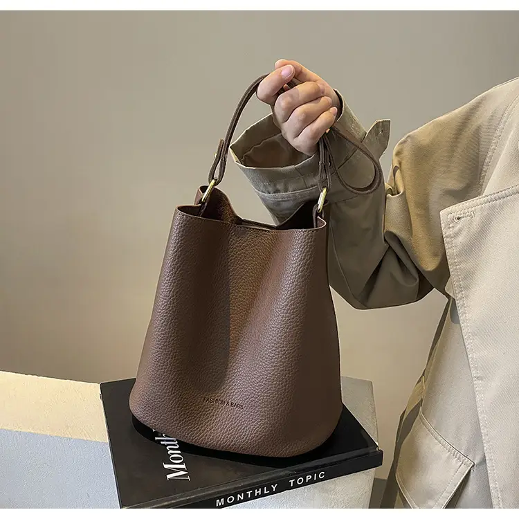 2024 Litchi Pattern Bucket Bag Women Tan — feature 49
