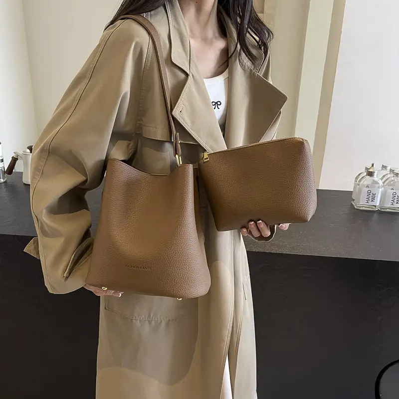 2024 Litchi Pattern Bucket Bag Women Tan - Image 3