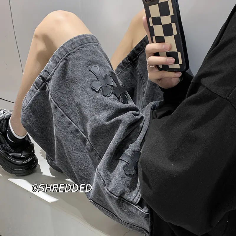 Men Grey Denim Shorts Cross Labeling Summer Casual - Image 4