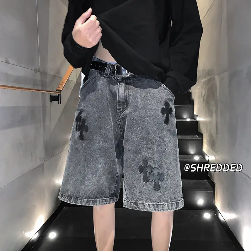 Men Grey Denim Shorts Cross Labeling Summer Casual - Image 5