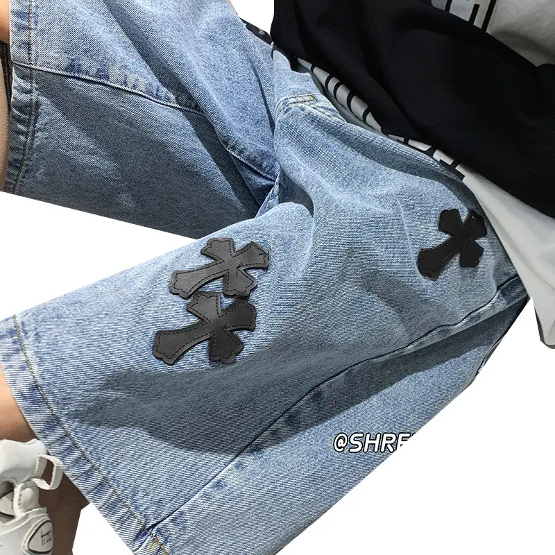 Men Grey Denim Shorts Cross Labeling Summer Casual - Image 6