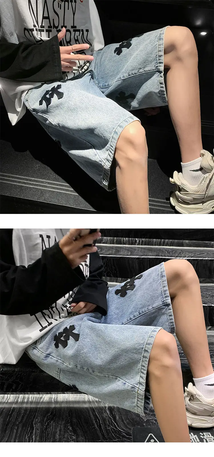 Men Grey Denim Shorts Cross Labeling Summer Casual — feature 10