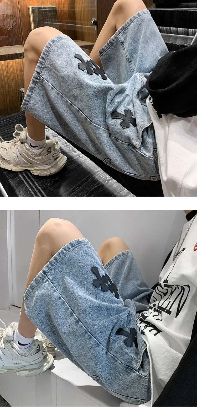 Men Grey Denim Shorts Cross Labeling Summer Casual — feature 11