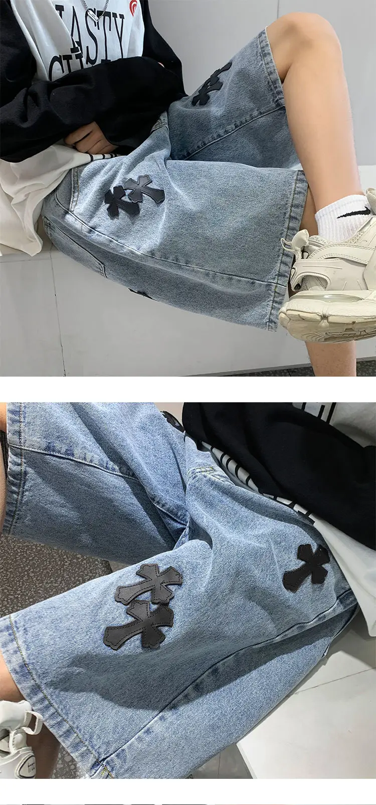 Men Grey Denim Shorts Cross Labeling Summer Casual — feature 12