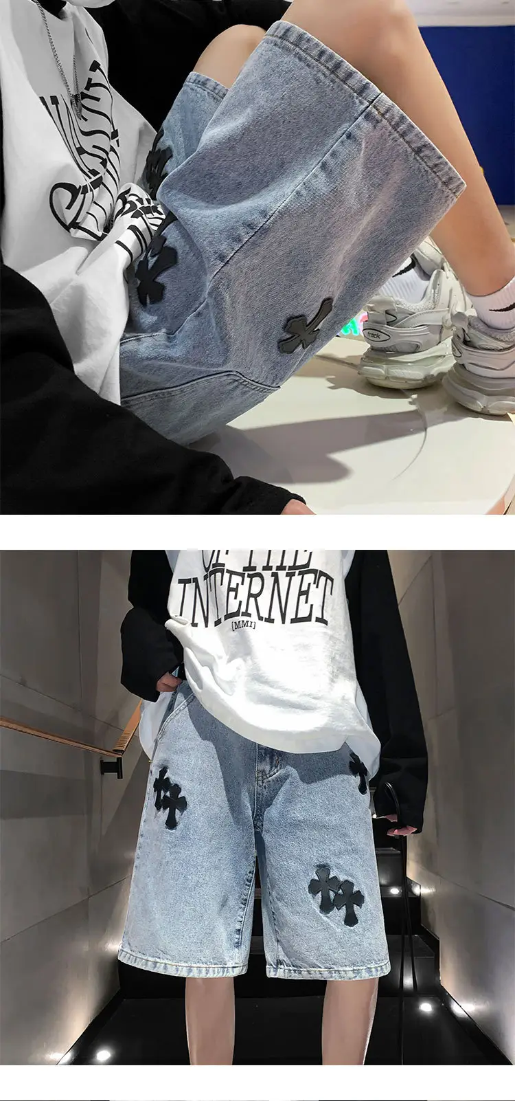 Men Grey Denim Shorts Cross Labeling Summer Casual — feature 13