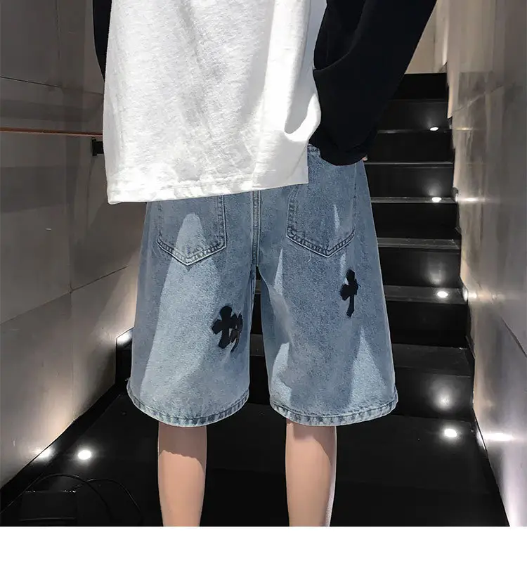 Men Grey Denim Shorts Cross Labeling Summer Casual — feature 14