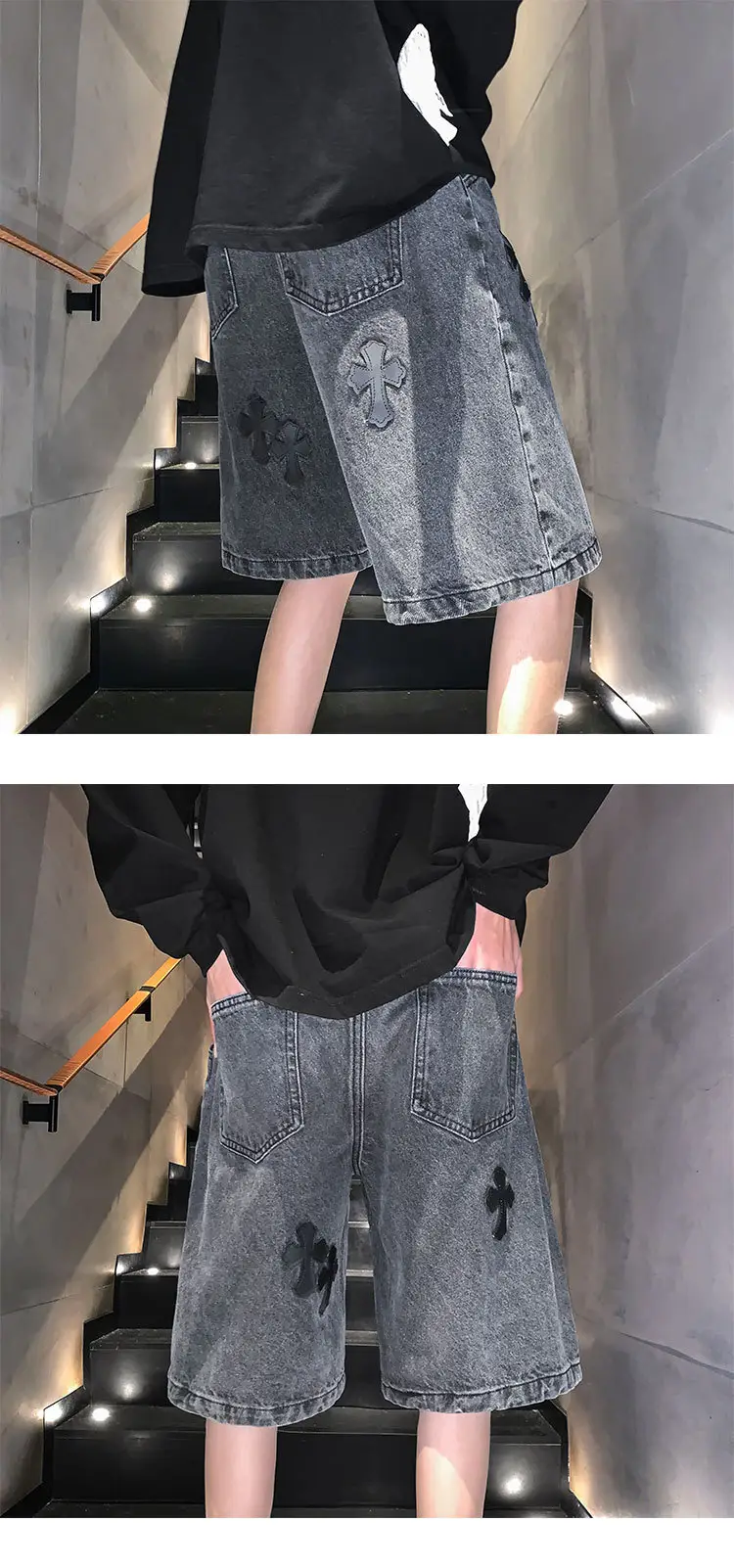 Men Grey Denim Shorts Cross Labeling Summer Casual — feature 15
