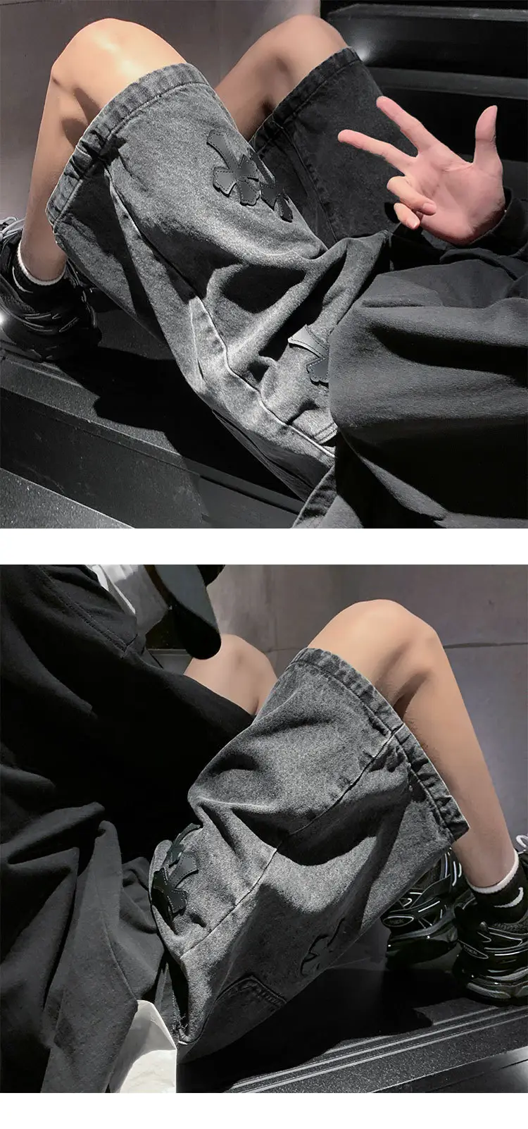 Men Grey Denim Shorts Cross Labeling Summer Casual — feature 16