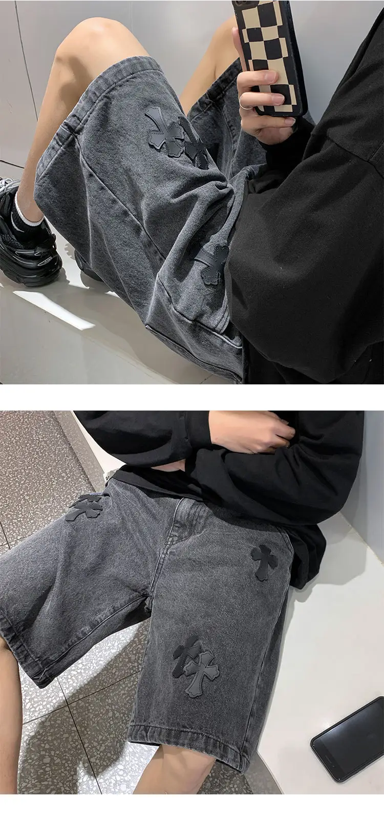 Men Grey Denim Shorts Cross Labeling Summer Casual — feature 17