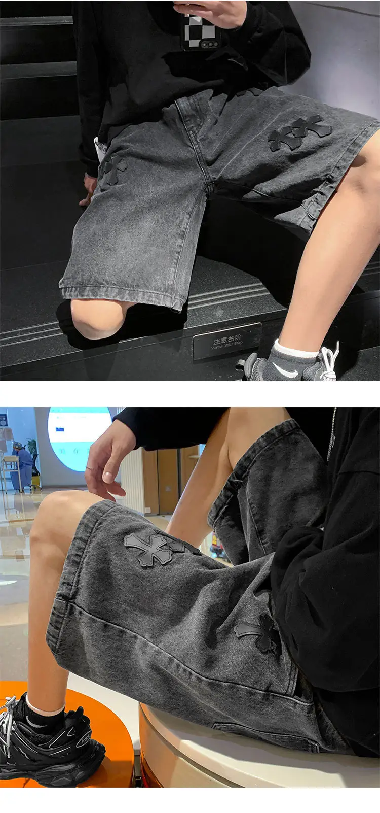 Men Grey Denim Shorts Cross Labeling Summer Casual — feature 18