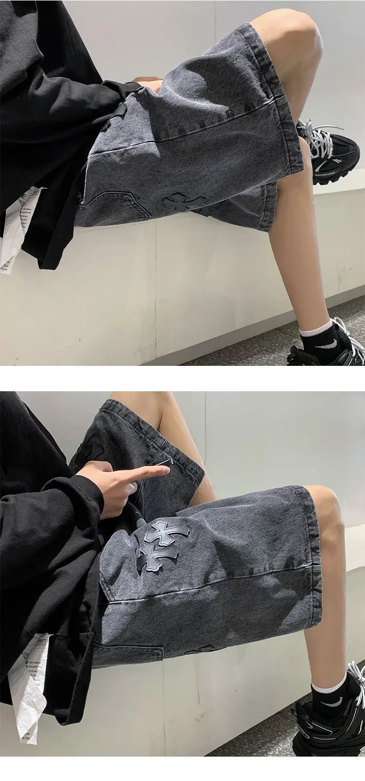 Men Grey Denim Shorts Cross Labeling Summer Casual — feature 19