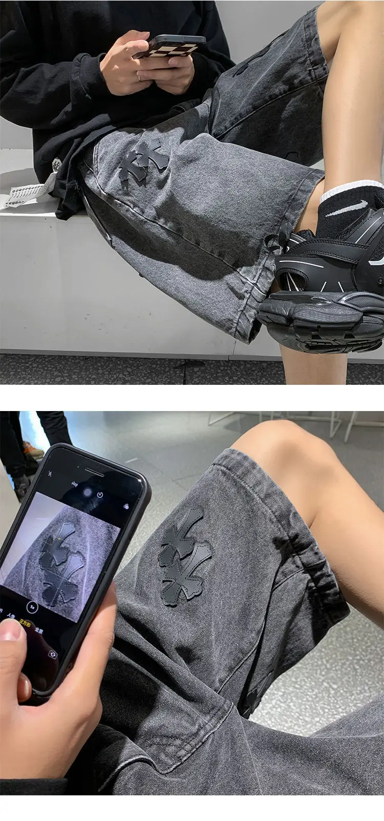 Men Grey Denim Shorts Cross Labeling Summer Casual — feature 20