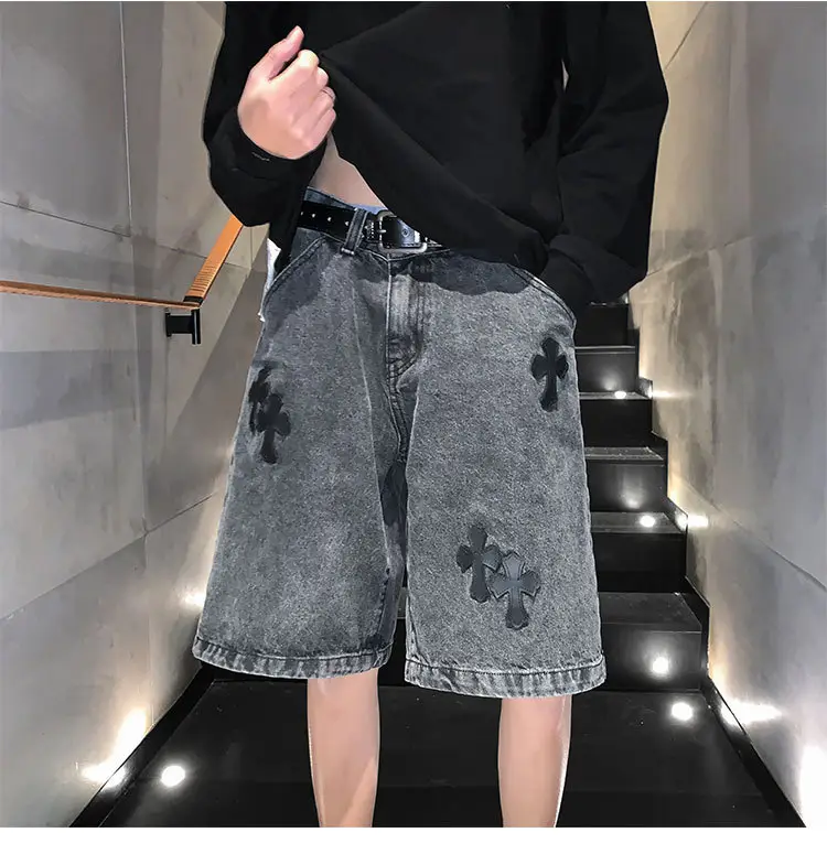 Men Grey Denim Shorts Cross Labeling Summer Casual — feature 21