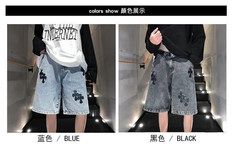 Men Grey Denim Shorts Cross Labeling Summer Casual — feature 6