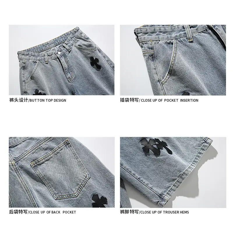 Men Grey Denim Shorts Cross Labeling Summer Casual — feature 7