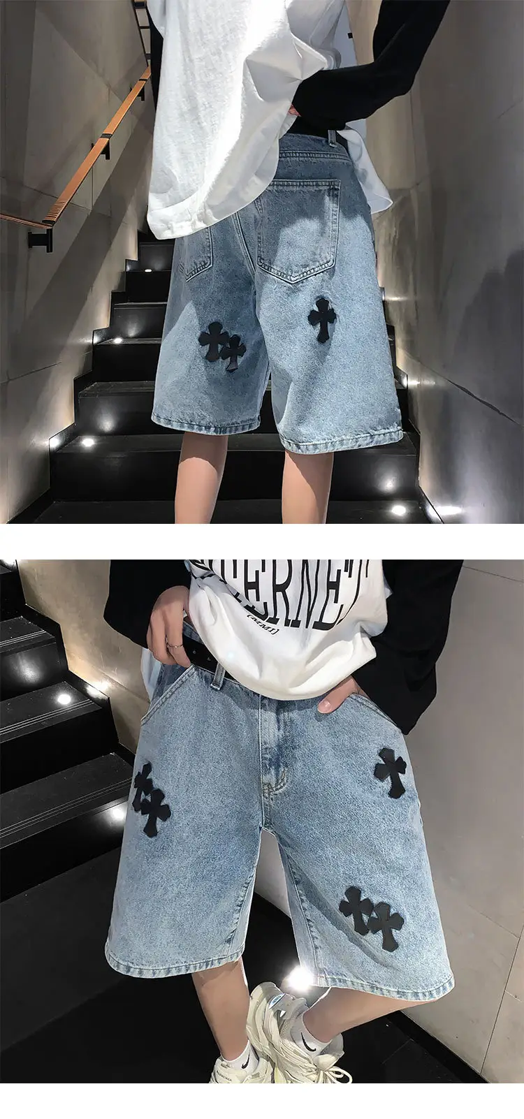 Men Grey Denim Shorts Cross Labeling Summer Casual — feature 8