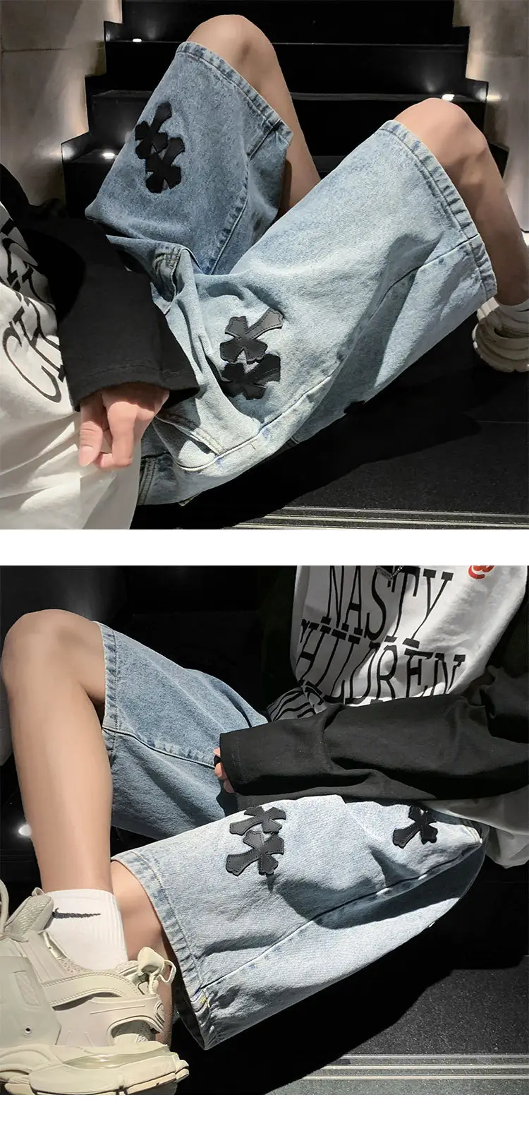 Men Grey Denim Shorts Cross Labeling Summer Casual — feature 9