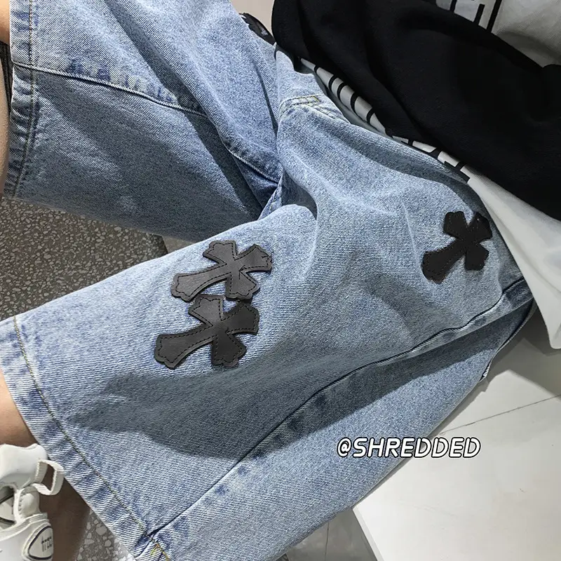 Men Grey Denim Shorts Cross Labeling Summer Casual - Image 2