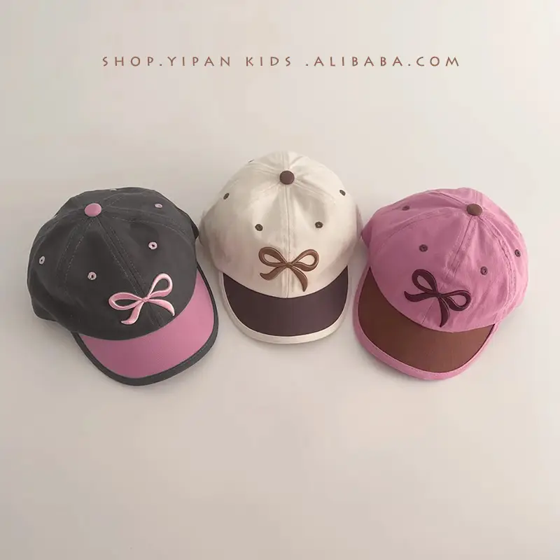 Girls Bow Embroidered Baseball Caps Purple Brown - Image 2