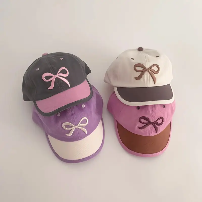 Girls Bow Embroidered Baseball Caps Purple Brown - Image 3