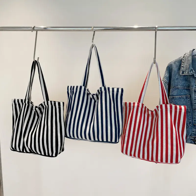 Women Striped Canvas Shoulder Bag 2024 New - Image 4