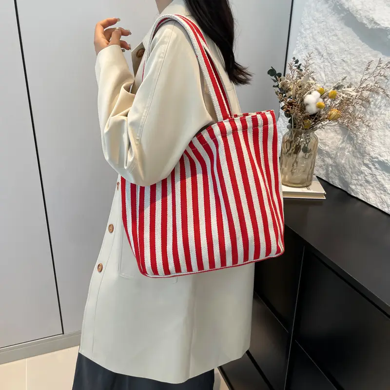 Women Striped Canvas Shoulder Bag 2024 New - Image 6