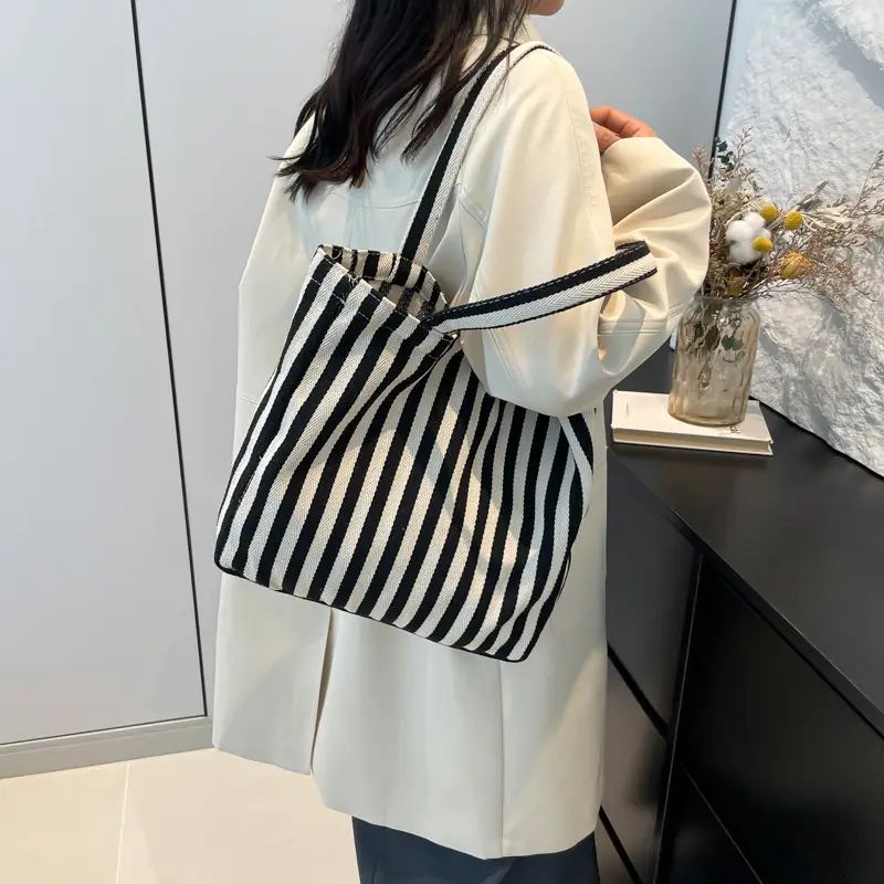 Women Striped Canvas Shoulder Bag 2024 New - Image 7