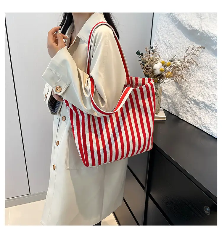 Women Striped Canvas Shoulder Bag 2024 New — feature 13