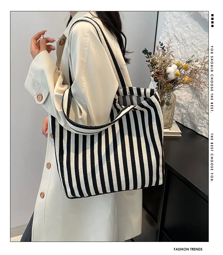 Women Striped Canvas Shoulder Bag 2024 New — feature 2