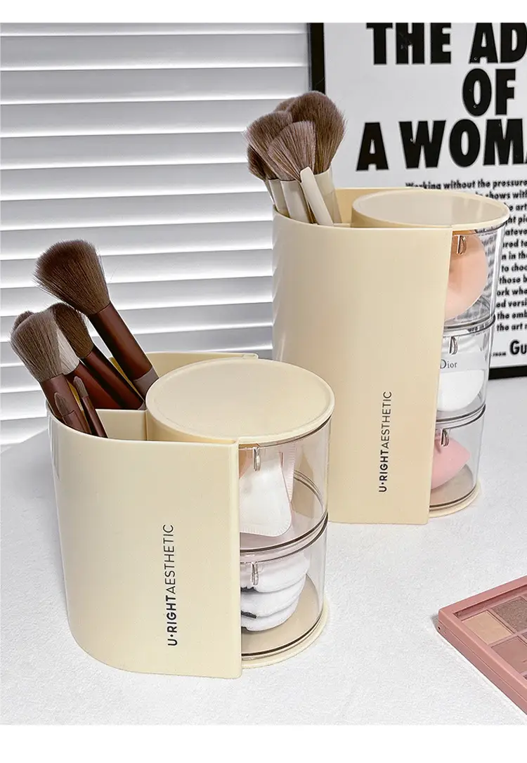 Multi-functional Cosmetic Storage Box with Rotating Powder Puff & Brush Compartment — feature 10