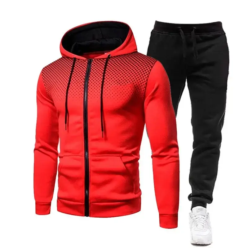 Men's Black Red Zipper Hoodie & Pants Set Fall Winter Fleece — feature 5