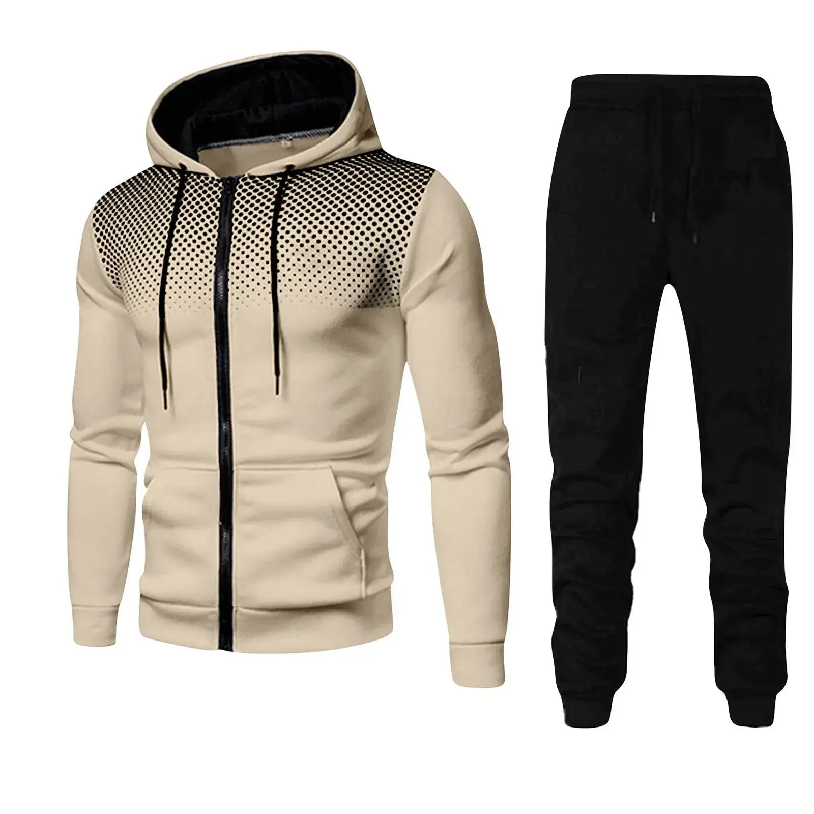 Men's Black Red Zipper Hoodie & Pants Set Fall Winter Fleece