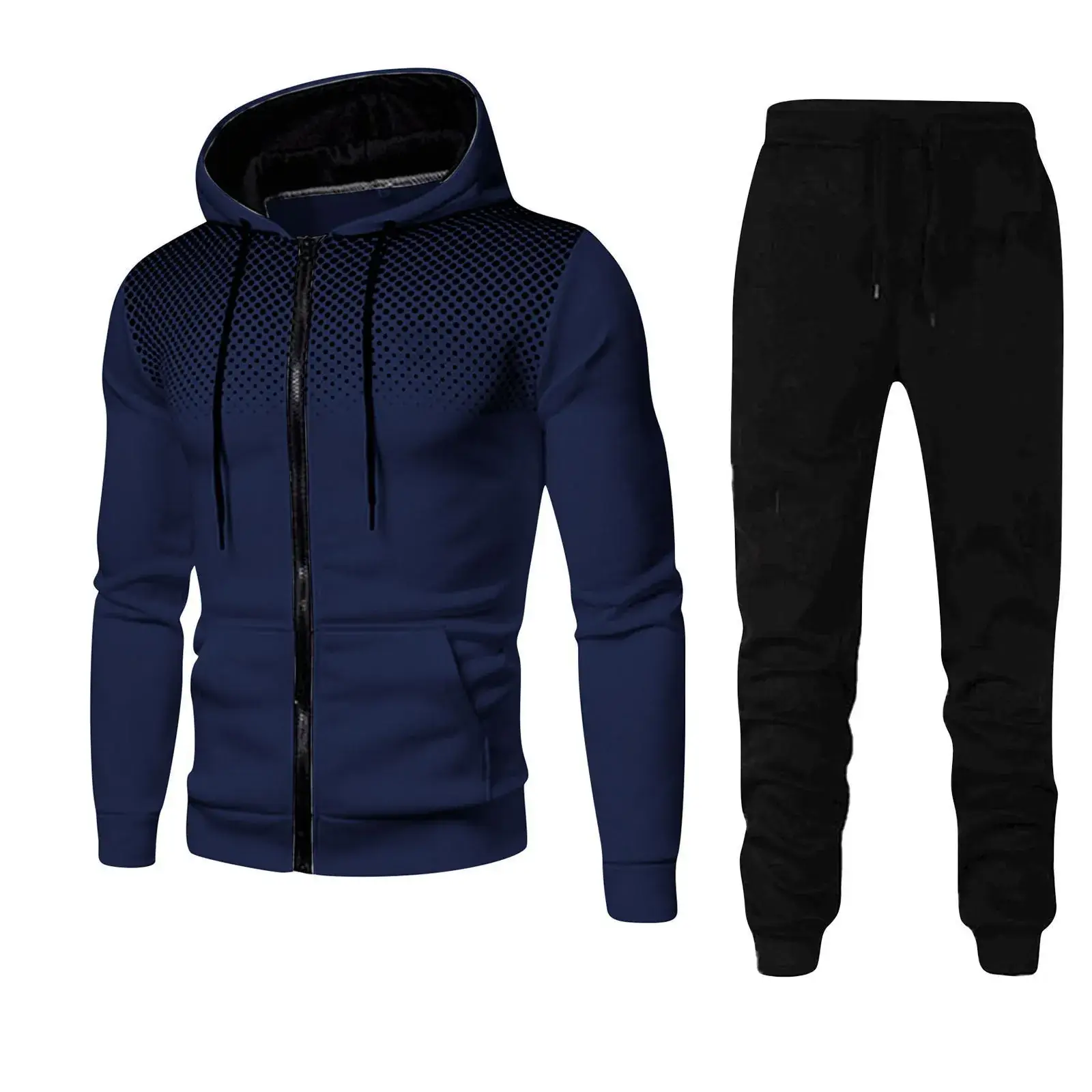 Men's Black Red Zipper Hoodie & Pants Set Fall Winter Fleece