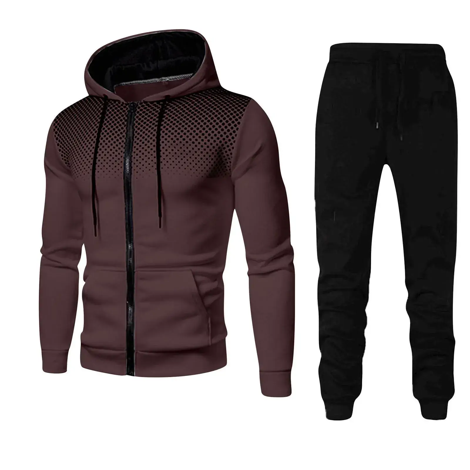 Men's Black Red Zipper Hoodie & Pants Set Fall Winter Fleece