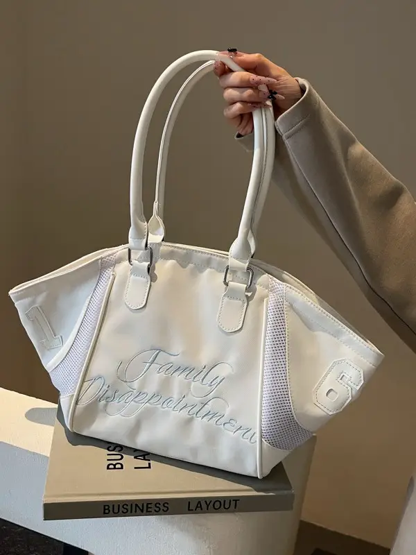 White Embroidered Single Shoulder Tote Bag for Women - Image 5