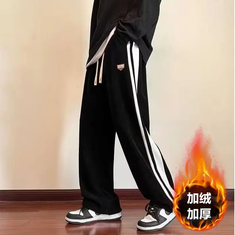 Men Fleece Lined Striped Pants Black Winter Thick - Image 10