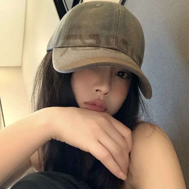 Women Washed Old Letter Cap Blue Retro Big Head - Image 10