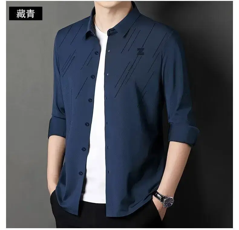 Men Navy Blue Long Sleeve Button Shirt 2024 — feature 5