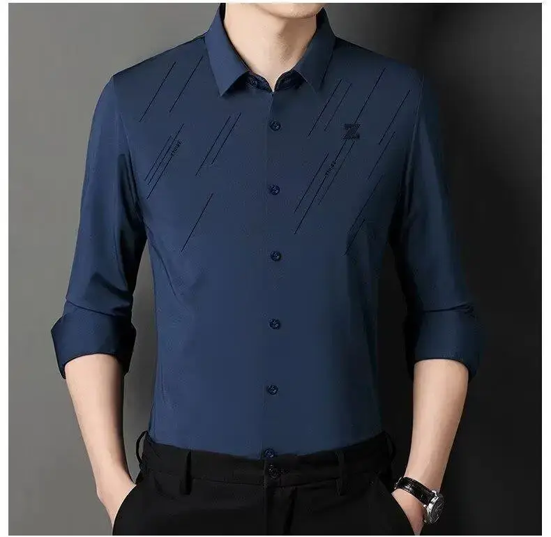 Men Navy Blue Long Sleeve Button Shirt 2024 — feature 6